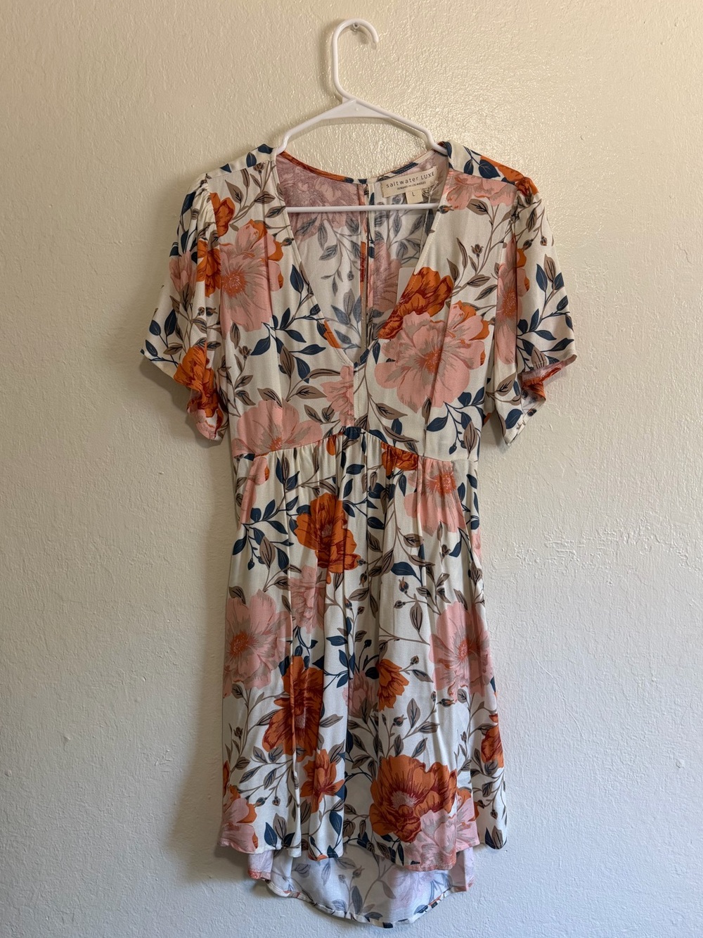 saltwater LUXE Cream Floral V-Neck Mini Dress with Pink & Orange Blooms